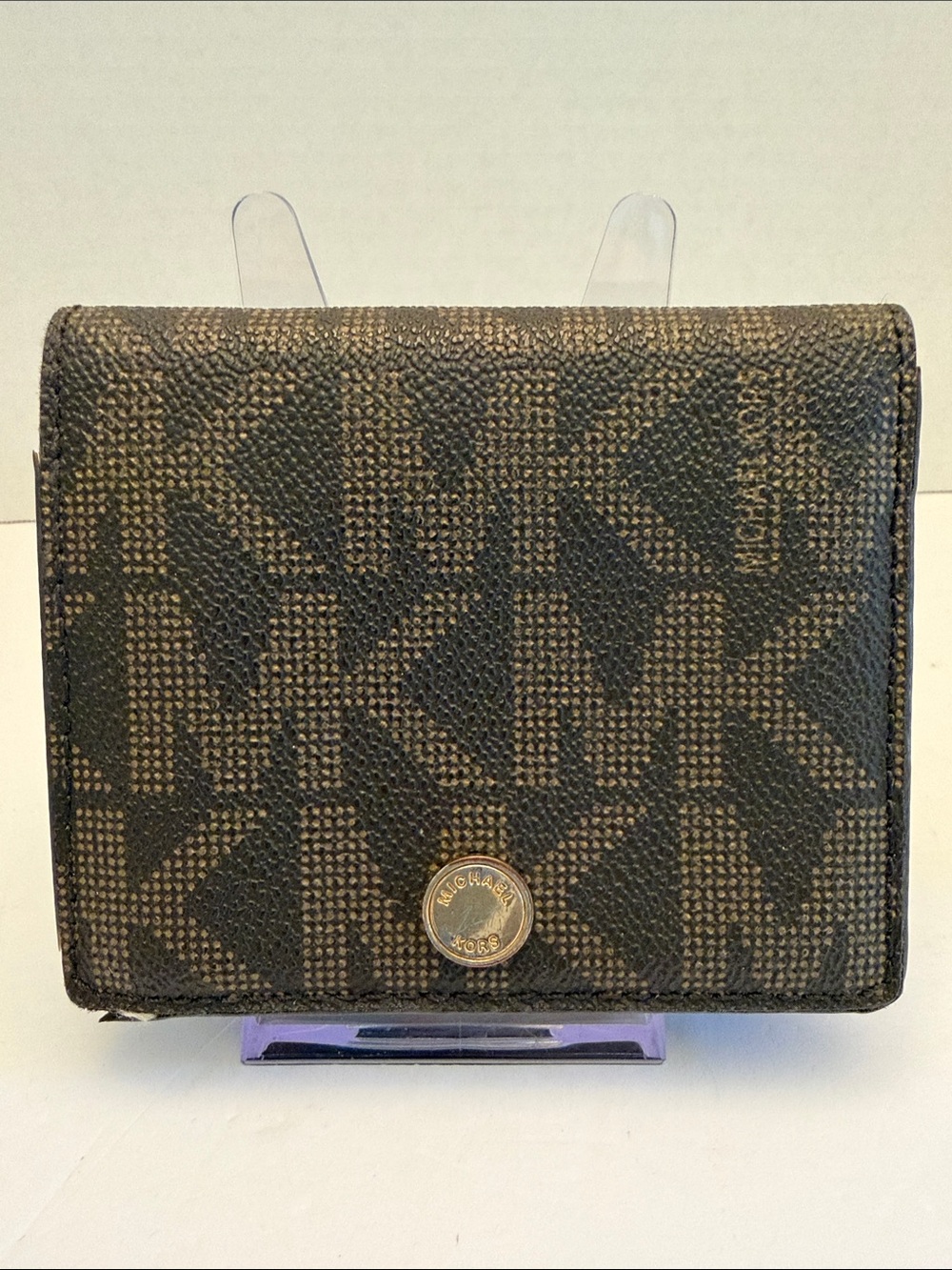 Michael Kors Black Brown MK Logo Compact Wallet with Gold Button
